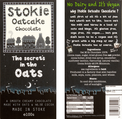 Stokie Oatcake Chocolate, Gluten free and Vegan. 100g 46.5% cocoa