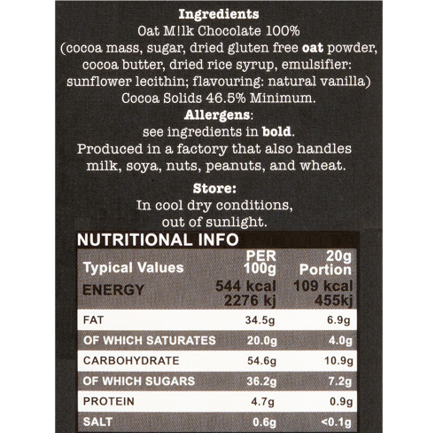 Stokie Oatcake Chocolate, Gluten free and Vegan. 100g 46.5% cocoa